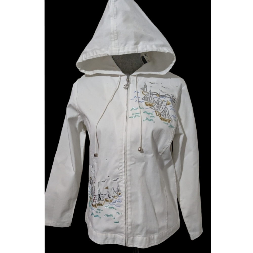 NWT Women Quacker Factory White Zip Hood XS Nautical Jacket Cotton - Picture 5 of 14